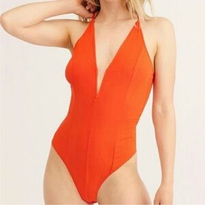 FREE PEOPLE Intimately V-Neck Wire Front Low Back Bodysuit Red NWT Size Large